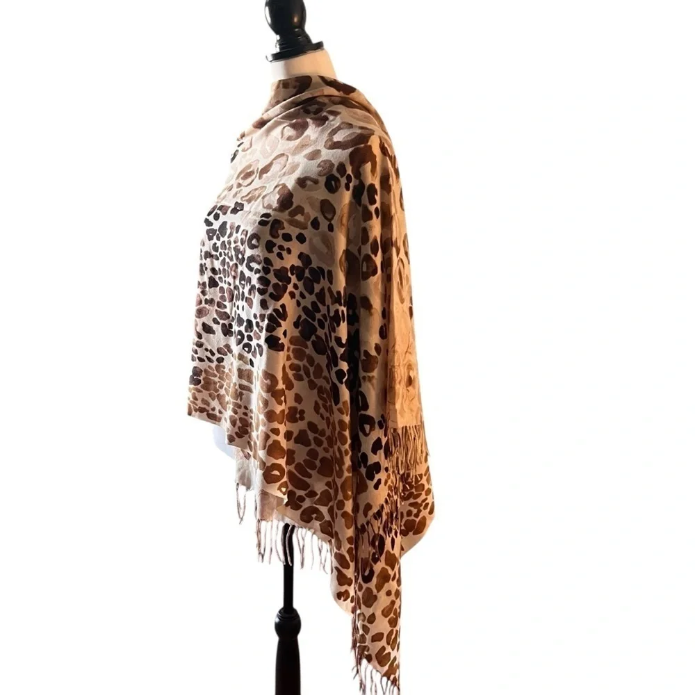 Leopard Print Fringe Scarf Wrap Shawl Neutral Tan Brown Animal Print